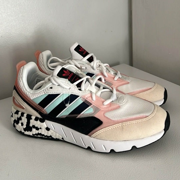 adidas Shoes - Adidas Women's White, Pink, and Black Striped Sneakers